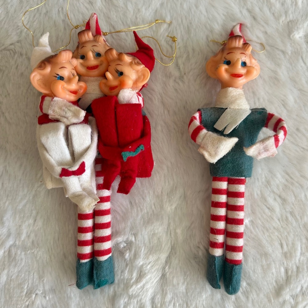 Vintage Japan Knee Hugger Elves Ornaments Felt Elf Pixies Set of 4